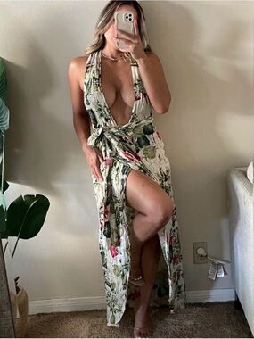 Fashion Nova Tropical Halter High-Low Maxi Dress in Cream, Green and Pink